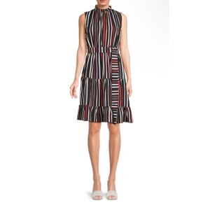 Area Stars Striped Belted Tiered Dress L Midi Holiday Party Workwear Sleeveless